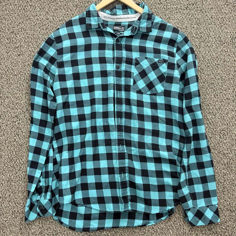 O'Neill Tailored Fit Blue and Black Plaid Flannel Button-Up Shirt Men's Large